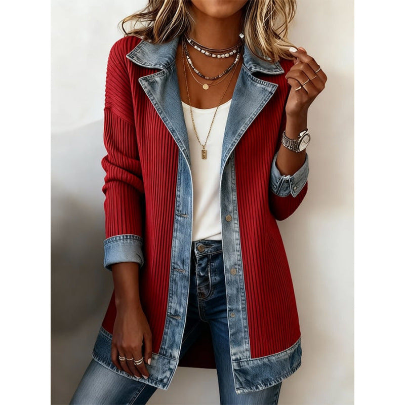 Denim Patchwork Jacket Fashion Commuter Lapel Button-down Long-sleeved Top For Women's Clothing