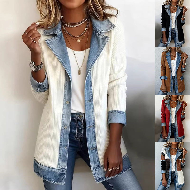 Denim Patchwork Jacket Fashion Commuter Lapel Button-down Long-sleeved Top For Women's Clothing