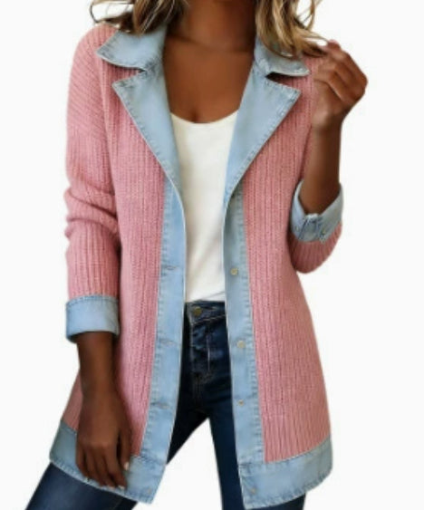 Denim Patchwork Jacket Fashion Commuter Lapel Button-down  